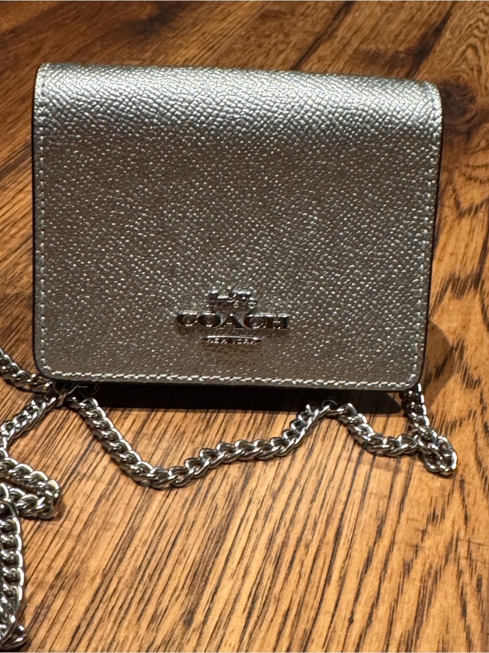 Coach Metallic Silver Leather Chain Crossbody Wallet